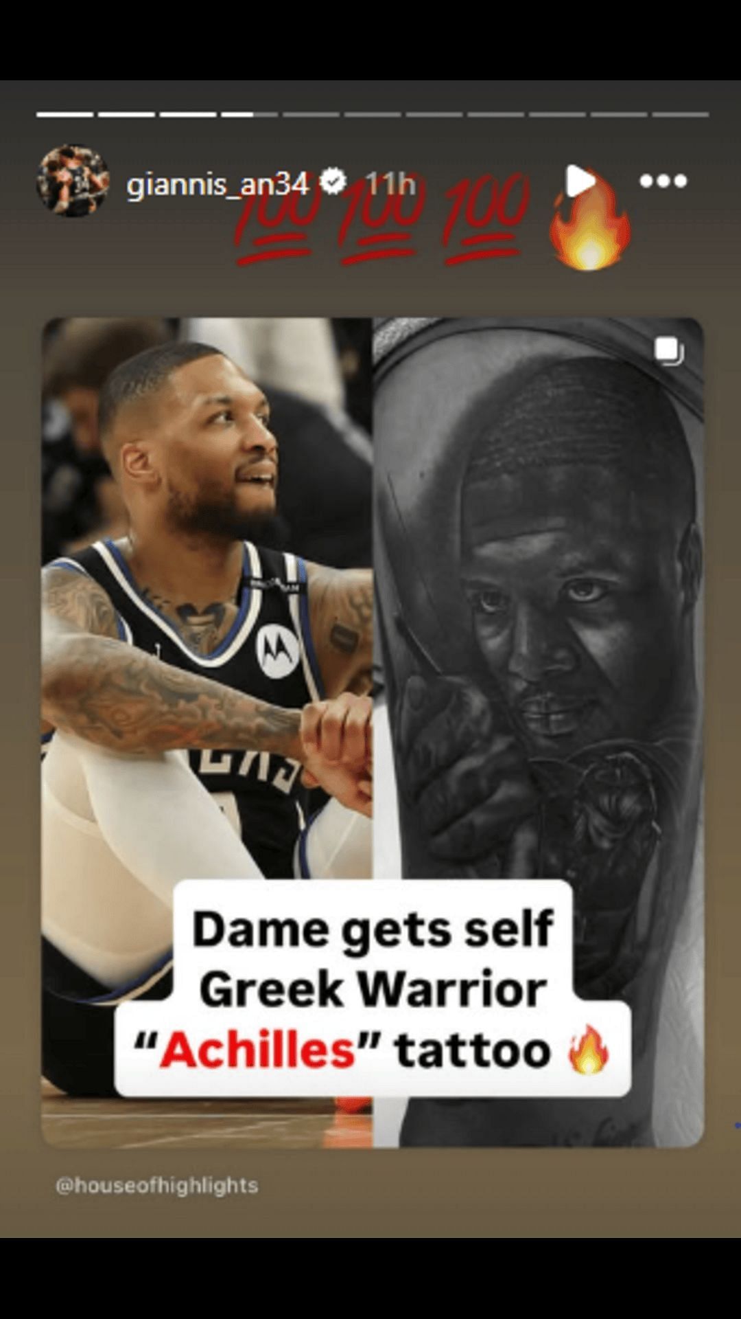 Giannis Antetokounmpo reacts to Damian Lillard's new tattoo. Credit: Antetokounmpo/IG